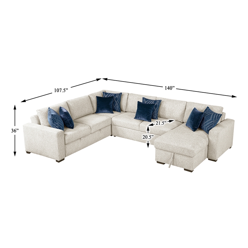 Pemberly Row Microfiber 5-Piece Sectional with Pull-Out Bed and Chaise in Beige