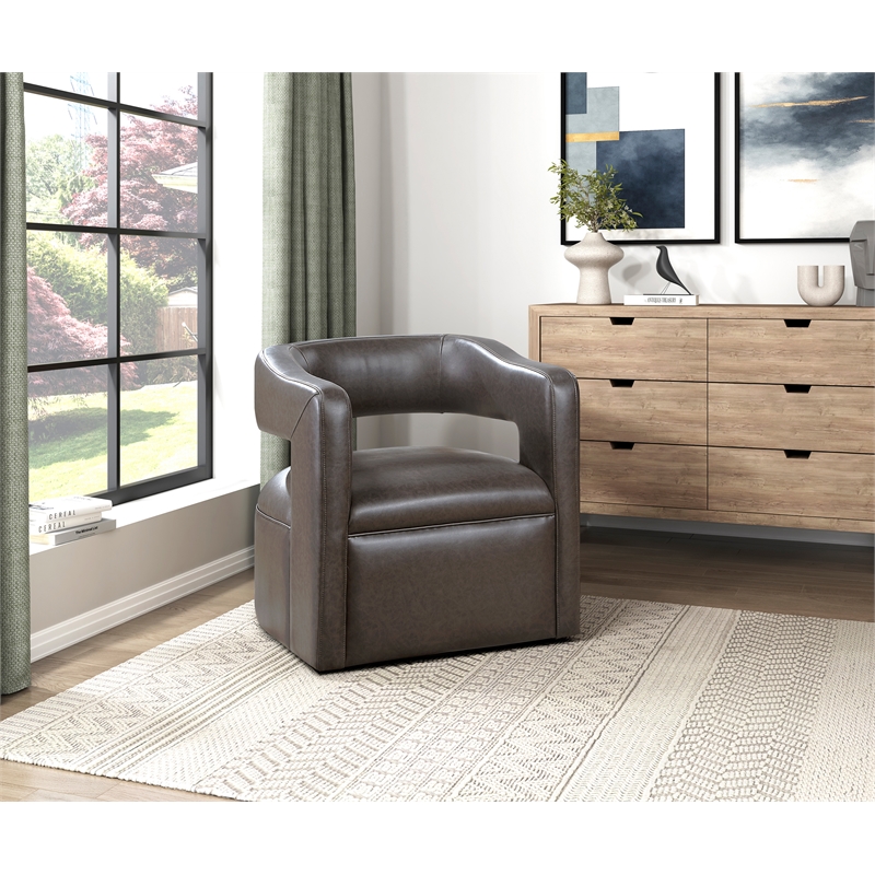 Pemberly Row Faux Leather 360-Degree Swivel Accent Chair in Dark Coffee