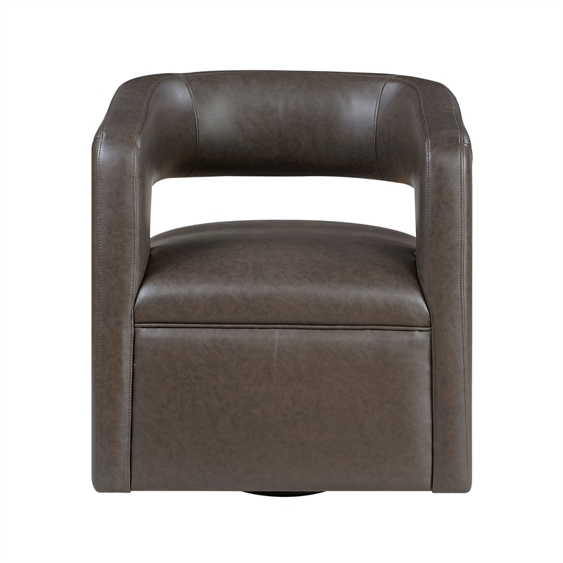 Pemberly Row Faux Leather 360-Degree Swivel Accent Chair in Dark Coffee
