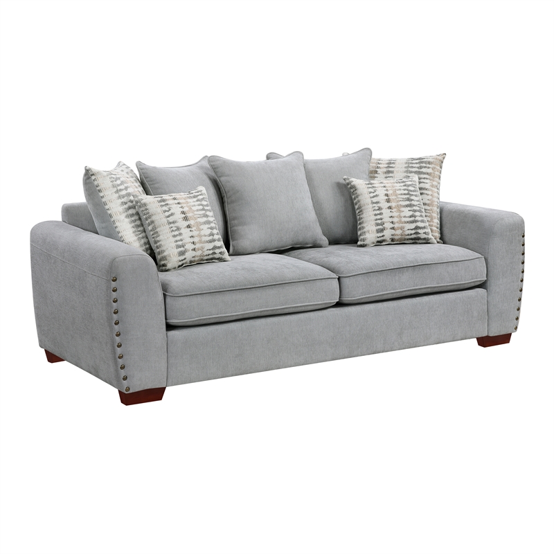 Pemberly Row Chenille Loveseat with Nailhead Trim & Reversible Cushions in Gray
