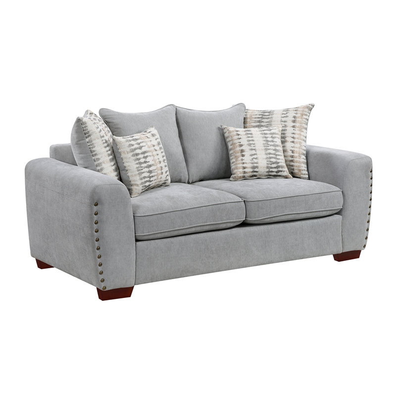 Pemberly Row Chenille Loveseat with Nailhead Trim & Reversible Cushions in Gray