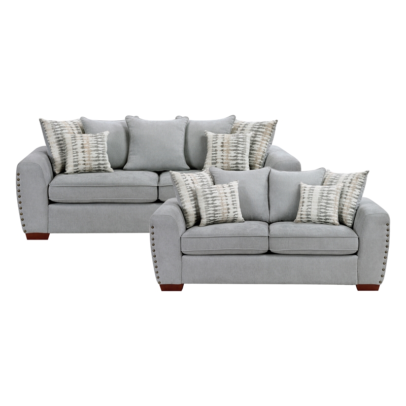 Pemberly Row Chenille Loveseat with Nailhead Trim & Reversible Cushions in Gray