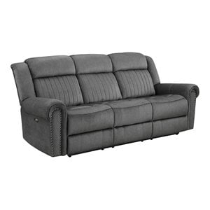 Pemberly Row Power Double Reclining Sofa with Nailhead Trim in Charcoal