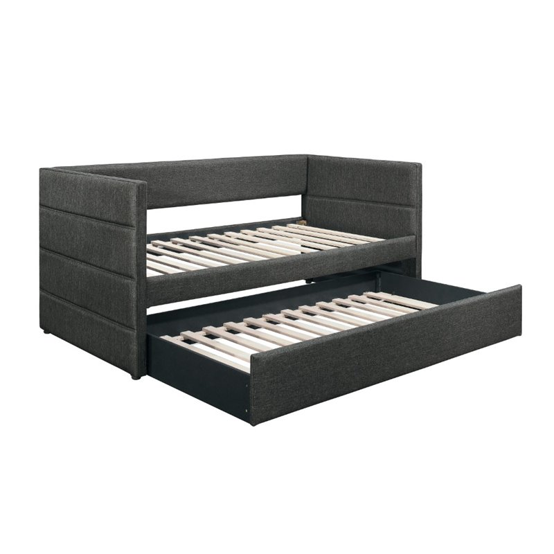 Pemberly Row Fabric Upholstered Twin Daybed with Pull-Out Trundle in Gray