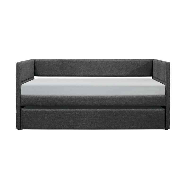 Pemberly Row Fabric Upholstered Twin Daybed with Pull-Out Trundle in Gray