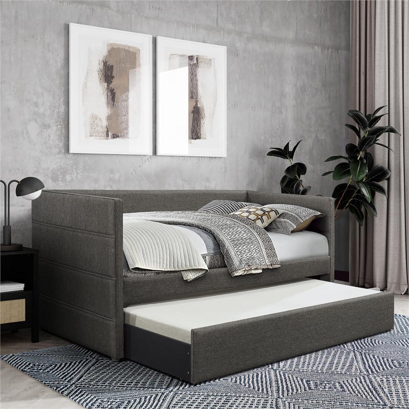 Pemberly Row Fabric Upholstered Twin Daybed with Pull-Out Trundle in Gray