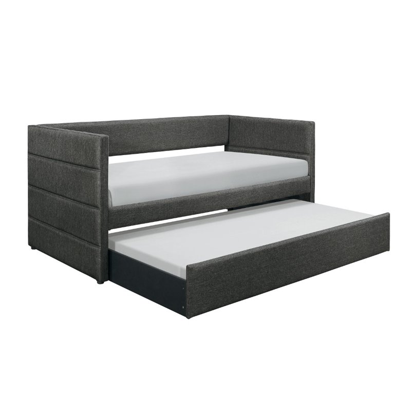 Pemberly Row Fabric Upholstered Twin Daybed with Pull-Out Trundle in Gray