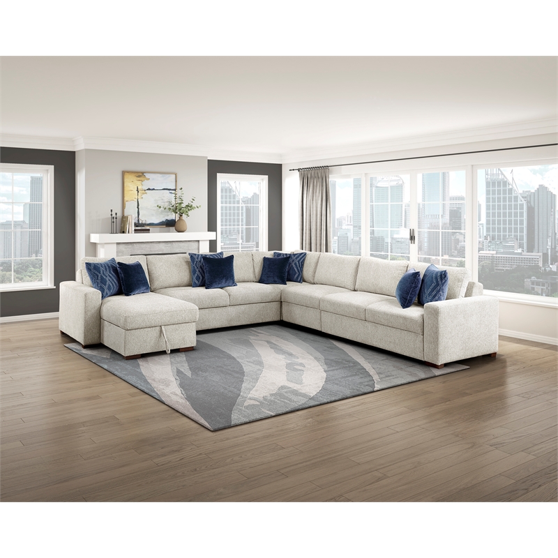 Pemberly Row Microfiber 5-Piece Modular Sectional with Storage Chaise in Beige
