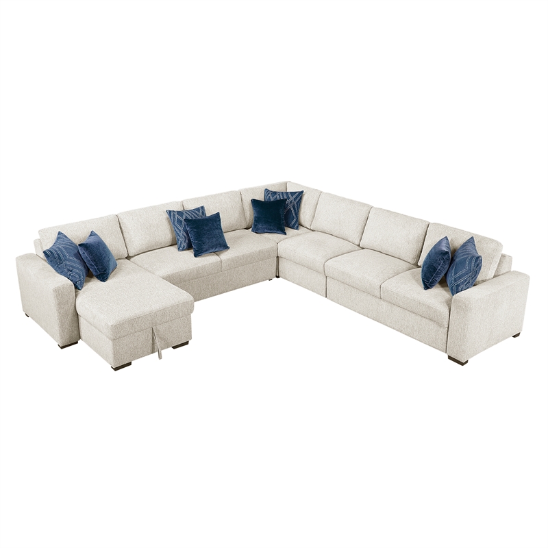 Pemberly Row Microfiber 5-Piece Modular Sectional with Storage Chaise in Beige