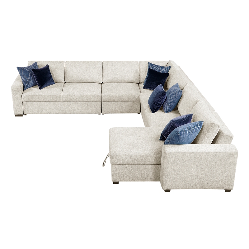 Pemberly Row Microfiber 5-Piece Modular Sectional with Storage Chaise in Beige