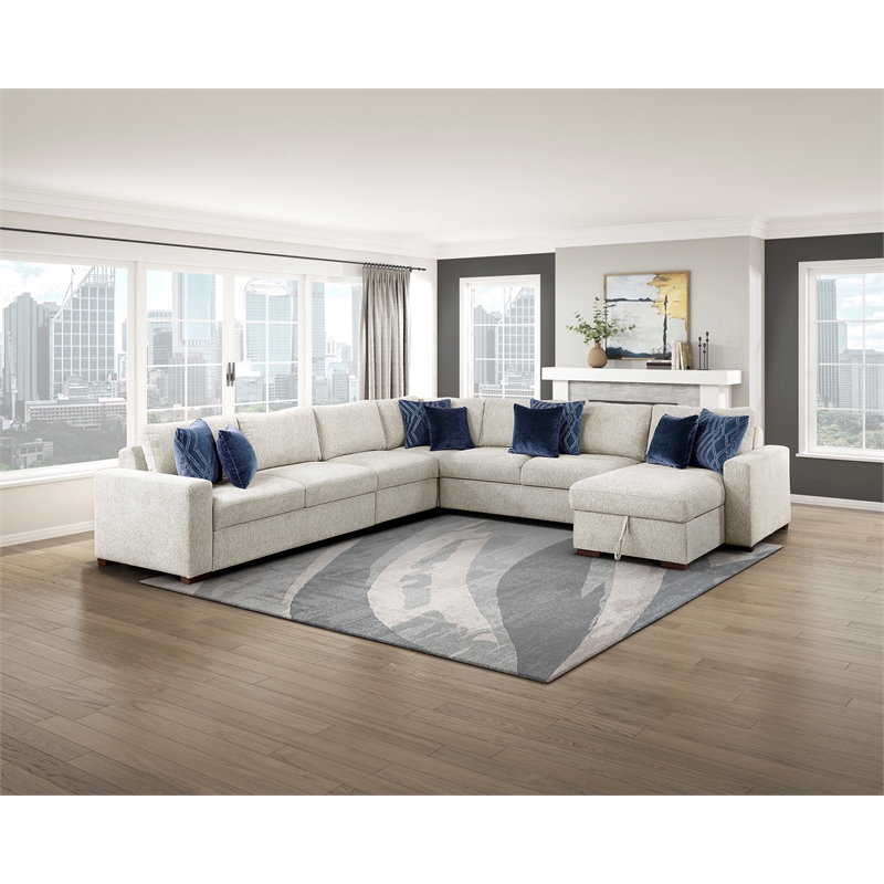 Pemberly Row Microfiber 5-Piece Modular Sectional with Storage Chaise in Beige