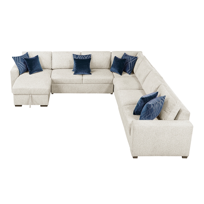 Pemberly Row Microfiber 5-Piece Modular Sectional with Storage Chaise in Beige