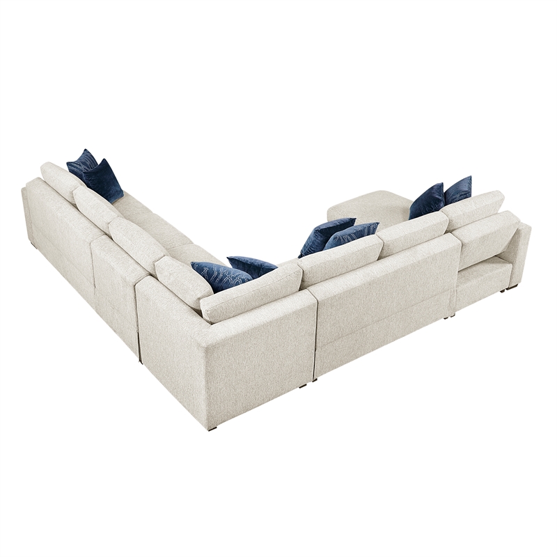 Pemberly Row Microfiber 5-Piece Modular Sectional with Storage Chaise in Beige