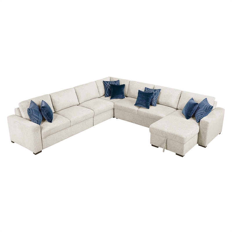 Pemberly Row Microfiber 5-Piece Modular Sectional with Storage Chaise in Beige