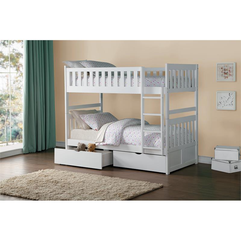 Pemberly Row Wood Twin-Over-Twin Bunk Bed with Storage Boxes in White