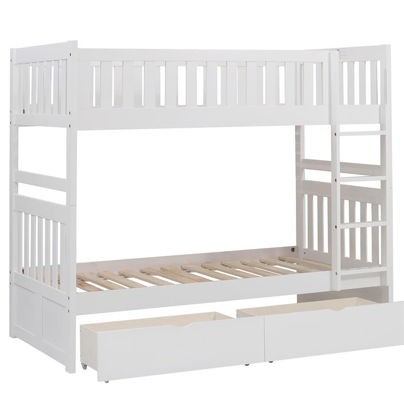 Pemberly Row Wood Twin-Over-Twin Bunk Bed with Storage Boxes in White