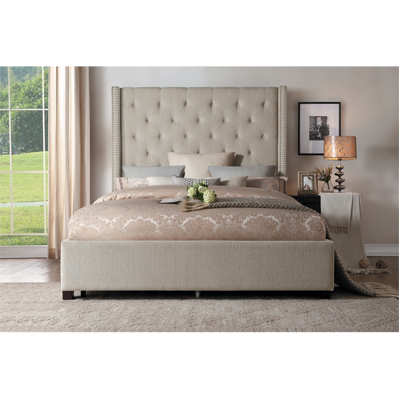 Pemberly Row Tufted Upholstered Queen Bed with Nailhead Trim in Beige