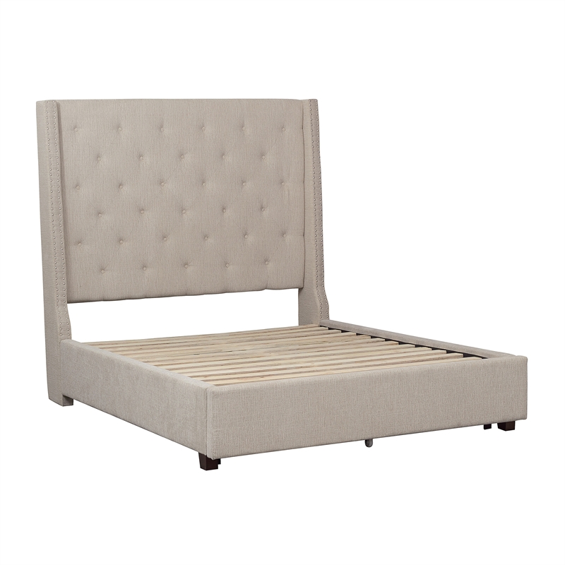 Pemberly Row Tufted Upholstered Queen Bed with Nailhead Trim in Beige