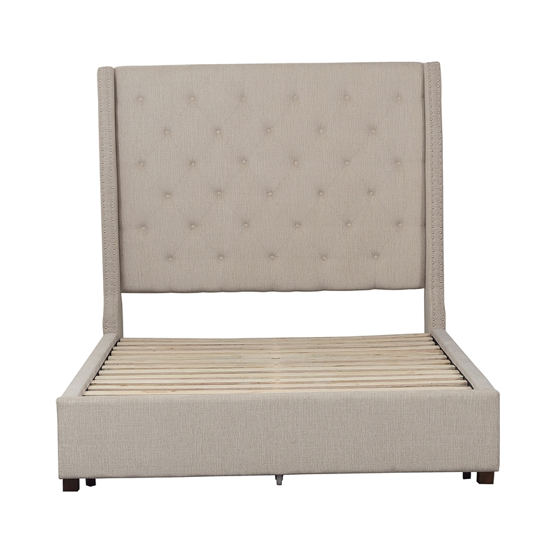 Pemberly Row Tufted Upholstered Queen Bed with Nailhead Trim in Beige