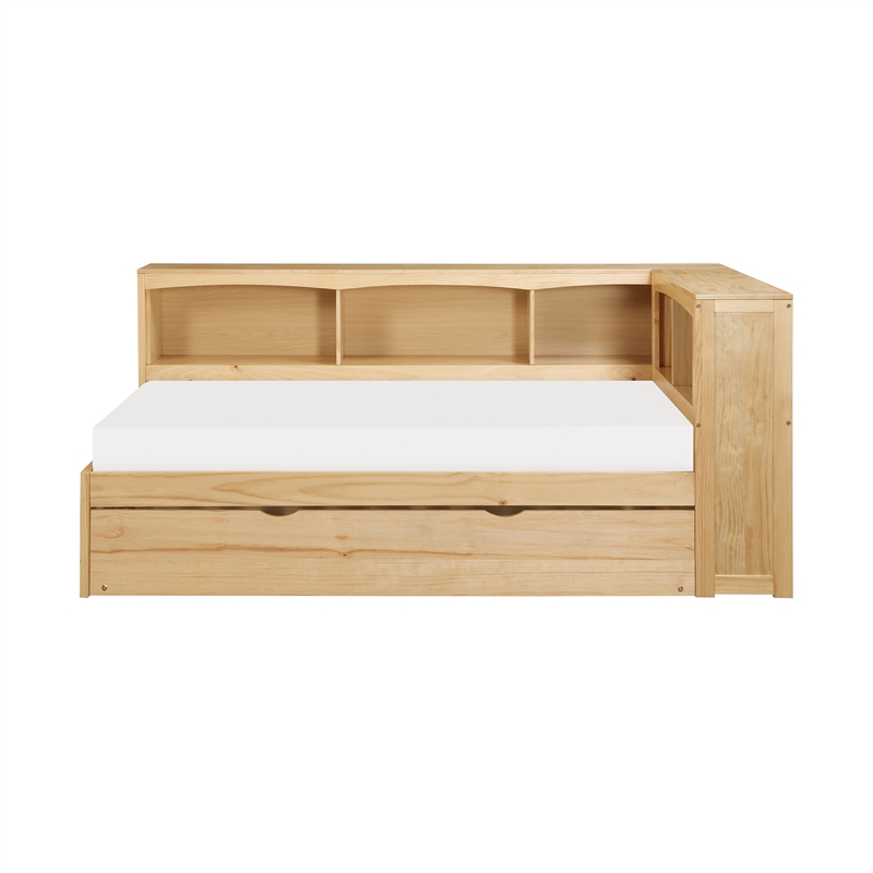 Pemberly Row Twin Bookcase Corner Bed with Pull-Out Trundle in Natural Pine