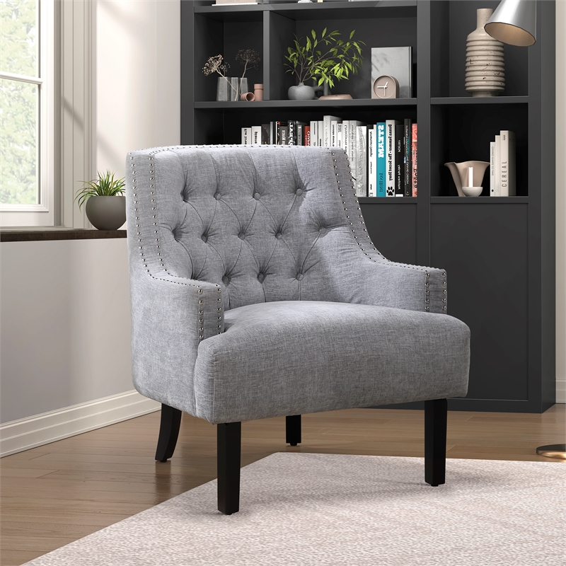 Pemberly Row Chenille Tufted Accent Chair with Nailhead Trim in Gray