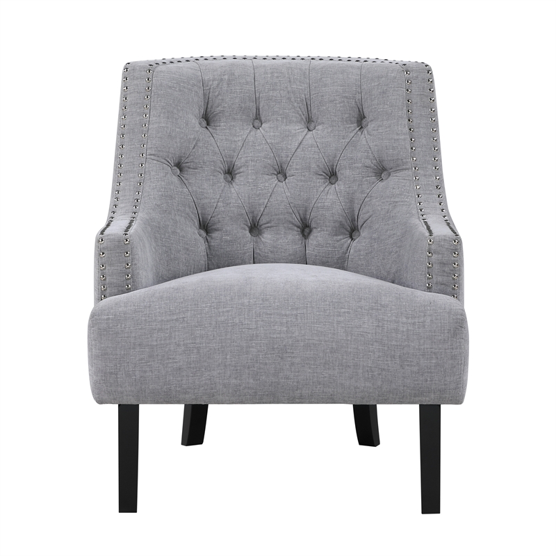 Pemberly Row Chenille Tufted Accent Chair with Nailhead Trim in Gray
