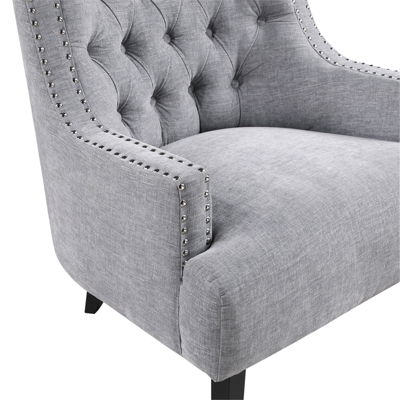 Pemberly Row Chenille Tufted Accent Chair with Nailhead Trim in Gray