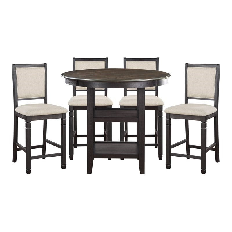 Pemberly Row 5-Pc Counter Height Dining Set with Shelf Base in Beige/Black/Brown