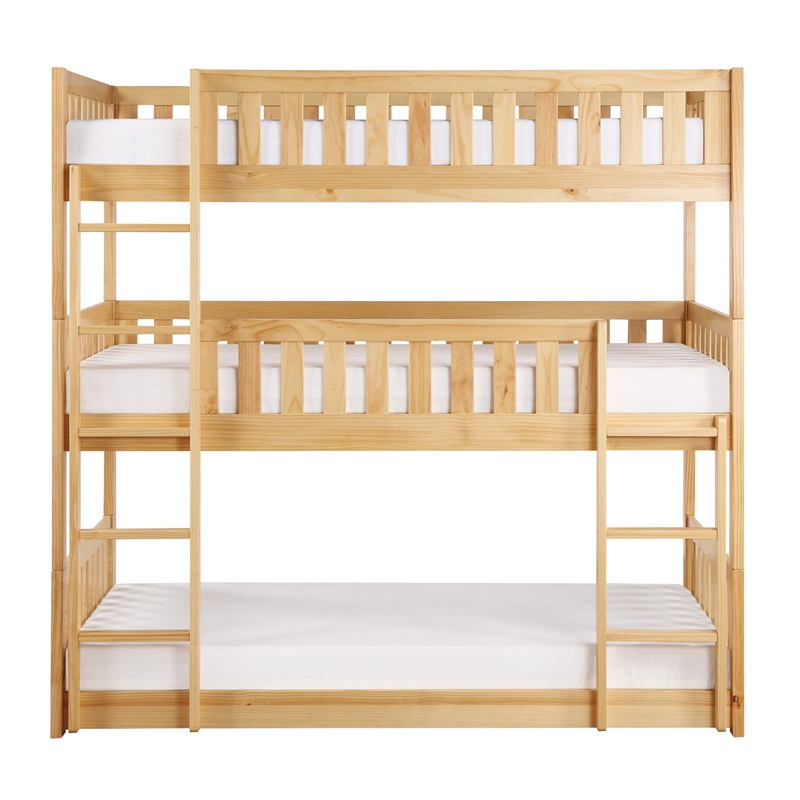Pemberly Row Contemporary Wood and MDF Board Triple Bunk Bed in Natural Pine