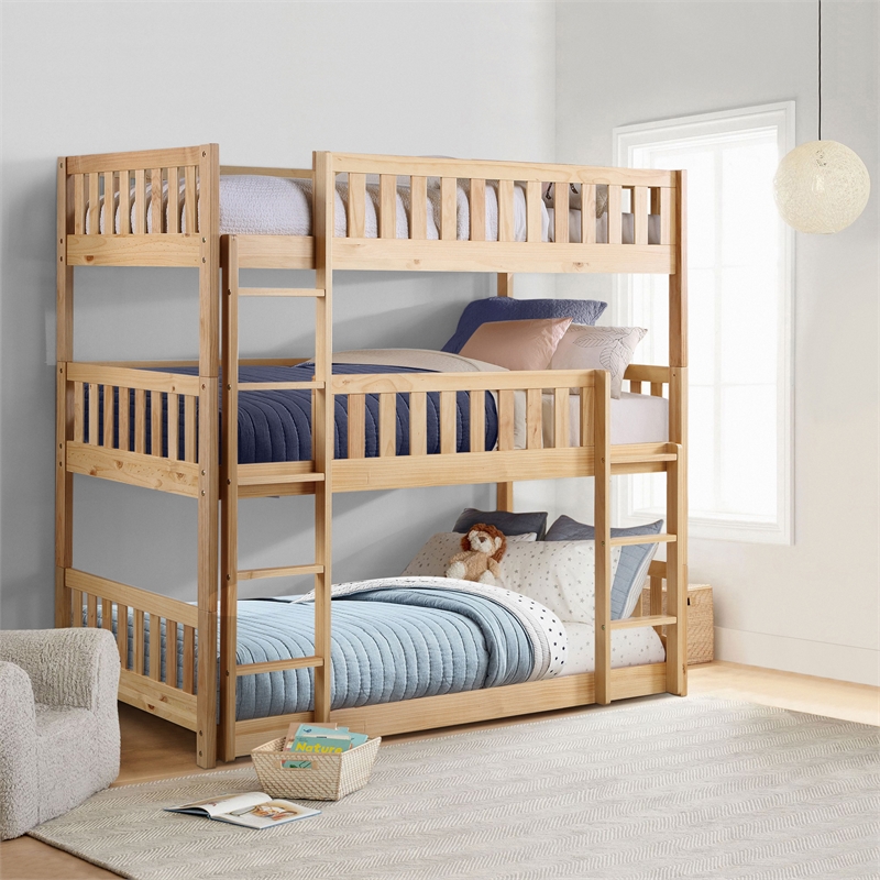 Pemberly Row Contemporary Wood and MDF Board Triple Bunk Bed in Natural Pine