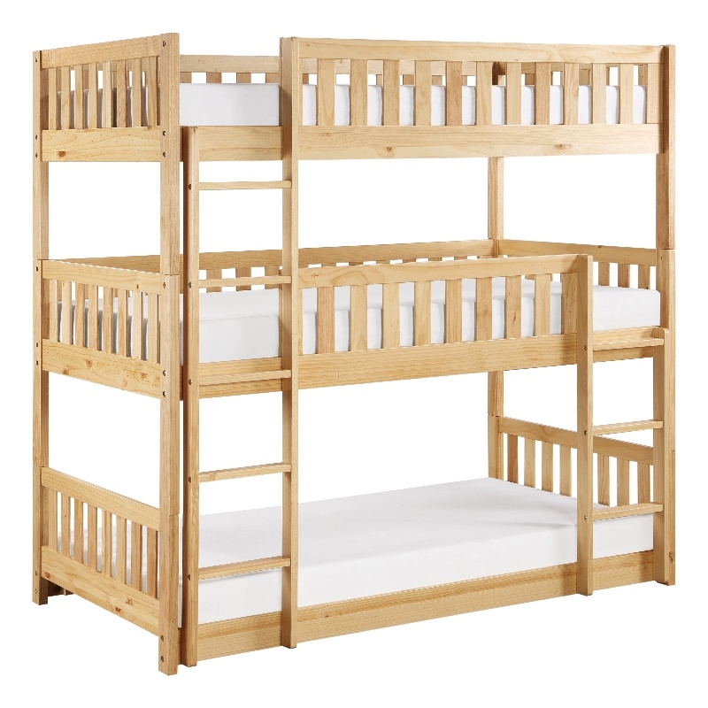 Pemberly Row Contemporary Wood and MDF Board Triple Bunk Bed in Natural Pine