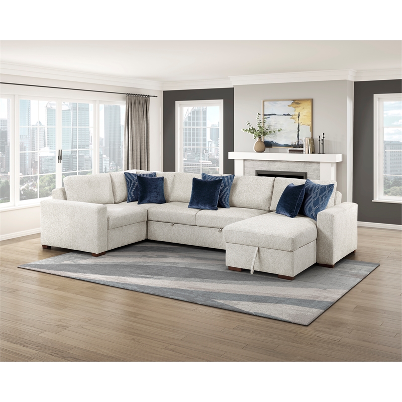 Pemberly Row Microfiber 4-Piece Sectional with Reversible Chaise in Beige