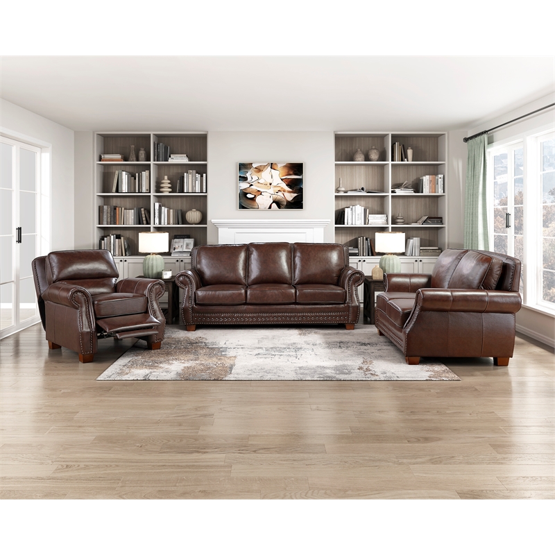 Pemberly Row Top Grain Leather Sofa with Nailhead Trim in Brown