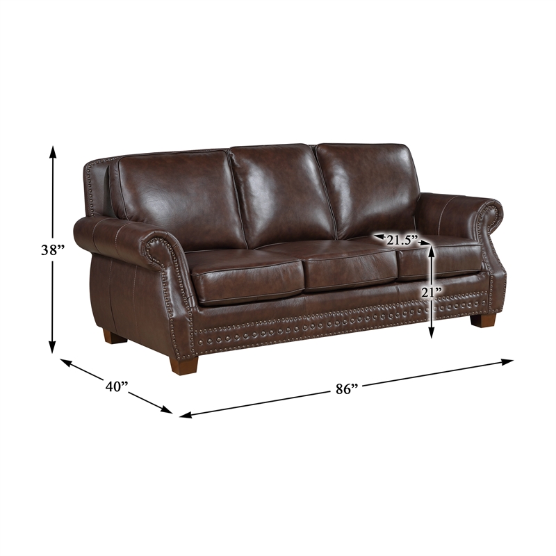 Pemberly Row Top Grain Leather Sofa with Nailhead Trim in Brown