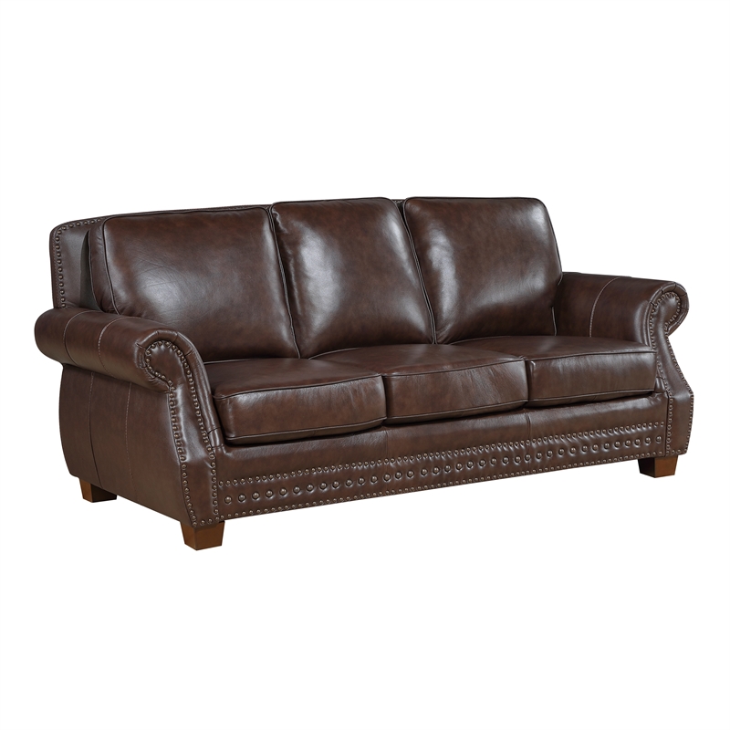 Pemberly Row Top Grain Leather Sofa with Nailhead Trim in Brown