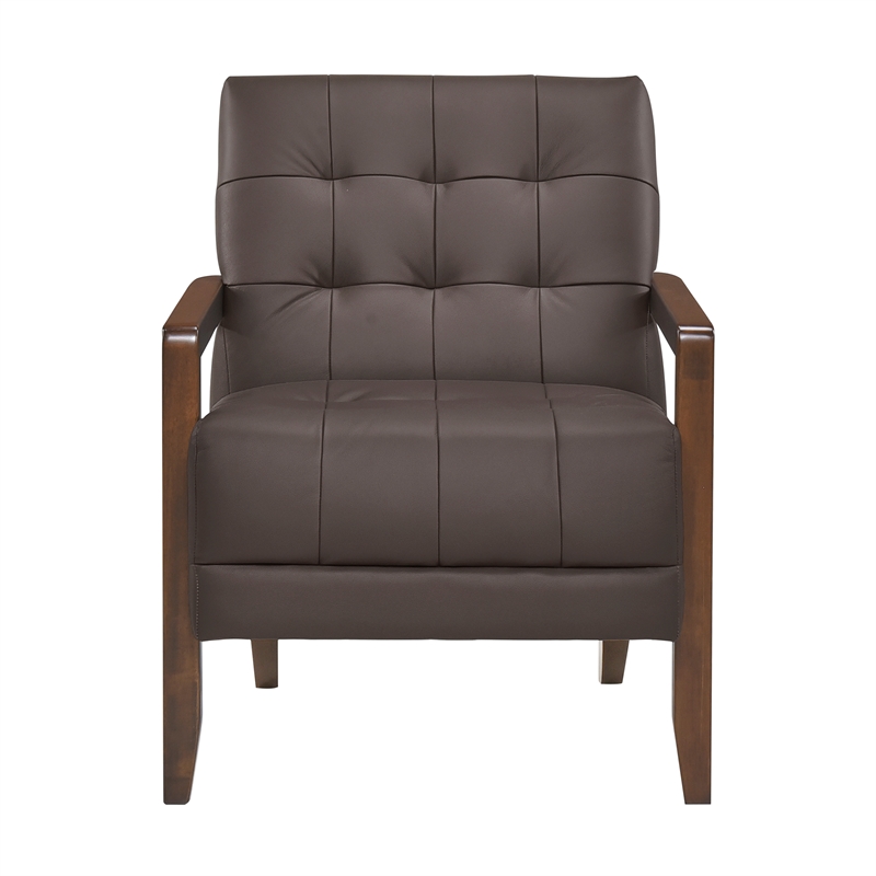 Pemberly Row Top Grain Leather Tufted Accent Chair in Dark Brown