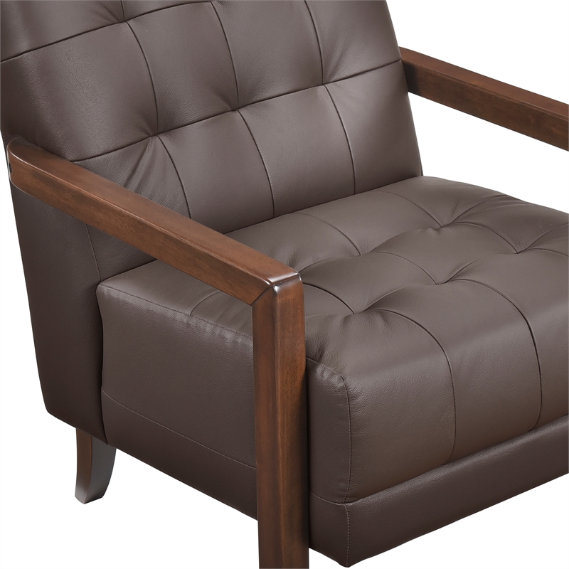 Pemberly Row Top Grain Leather Tufted Accent Chair in Dark Brown