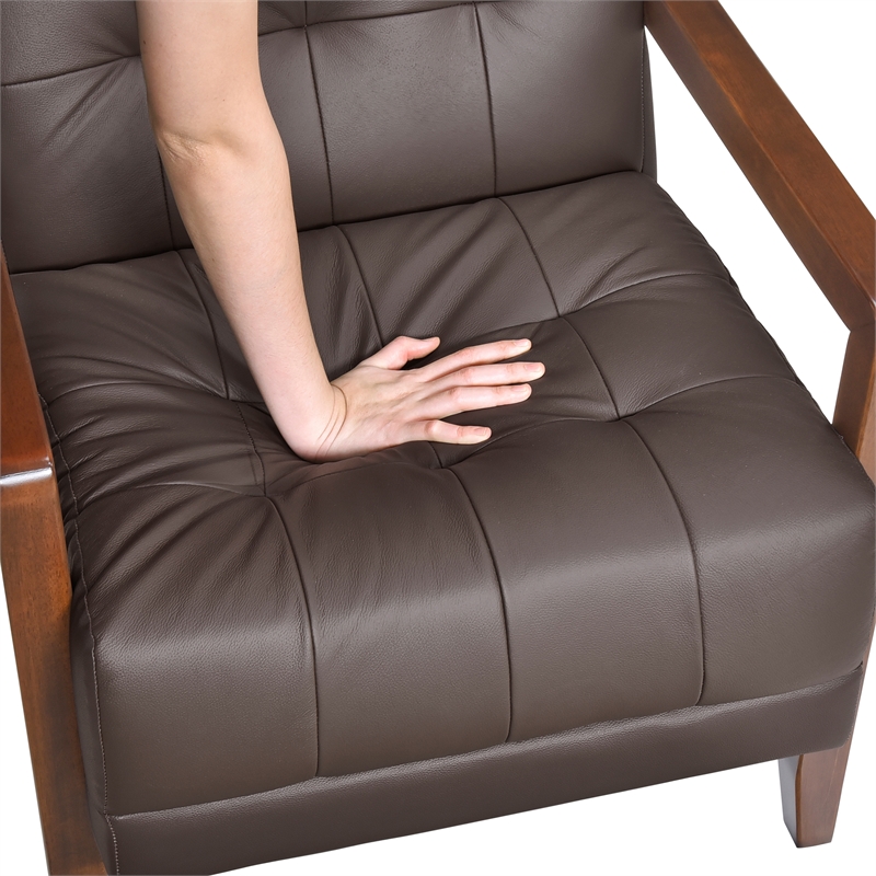 Pemberly Row Top Grain Leather Tufted Accent Chair in Dark Brown