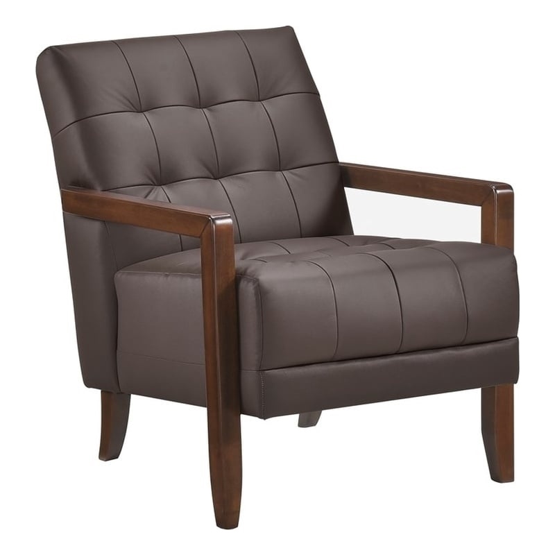 Pemberly Row Top Grain Leather Tufted Accent Chair in Dark Brown