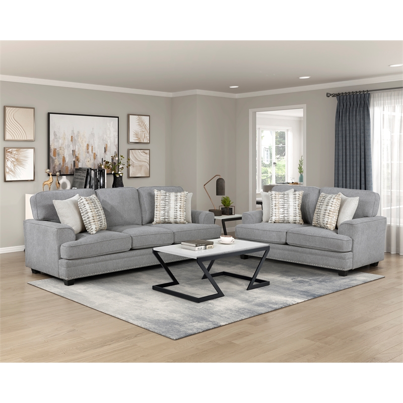 Pemberly Row Chenille Fabric Sofa with Nailhead Trim and Pillows in Gray