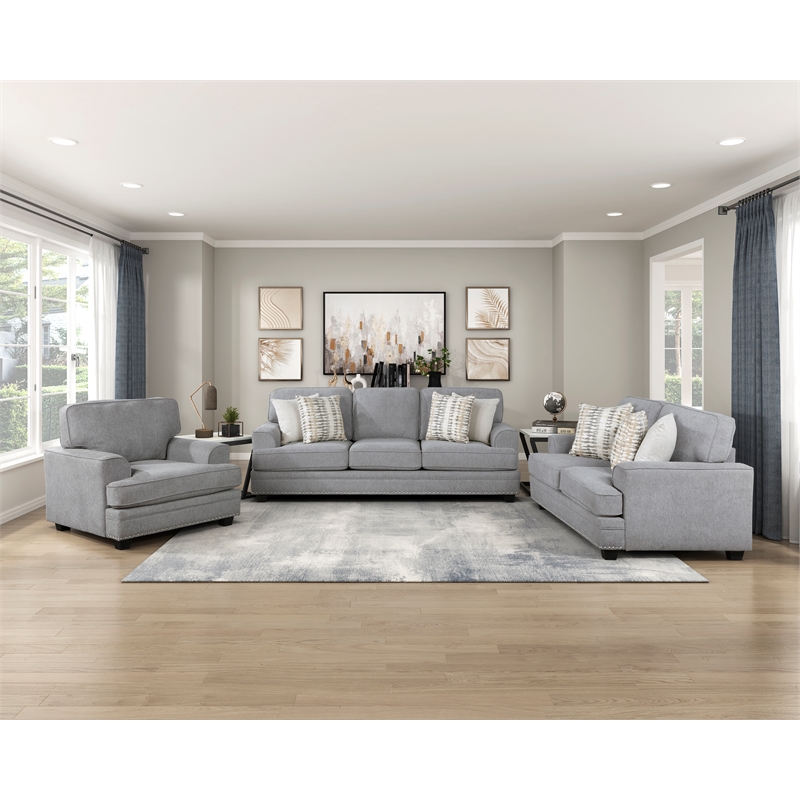 Pemberly Row Chenille Fabric Sofa with Nailhead Trim and Pillows in Gray