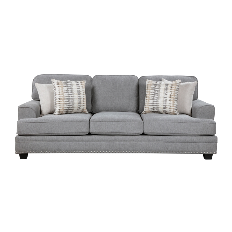 Pemberly Row Chenille Fabric Sofa with Nailhead Trim and Pillows in Gray
