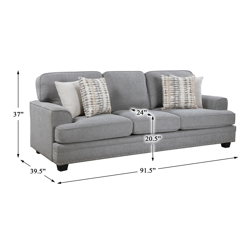 Pemberly Row Chenille Fabric Sofa with Nailhead Trim and Pillows in Gray