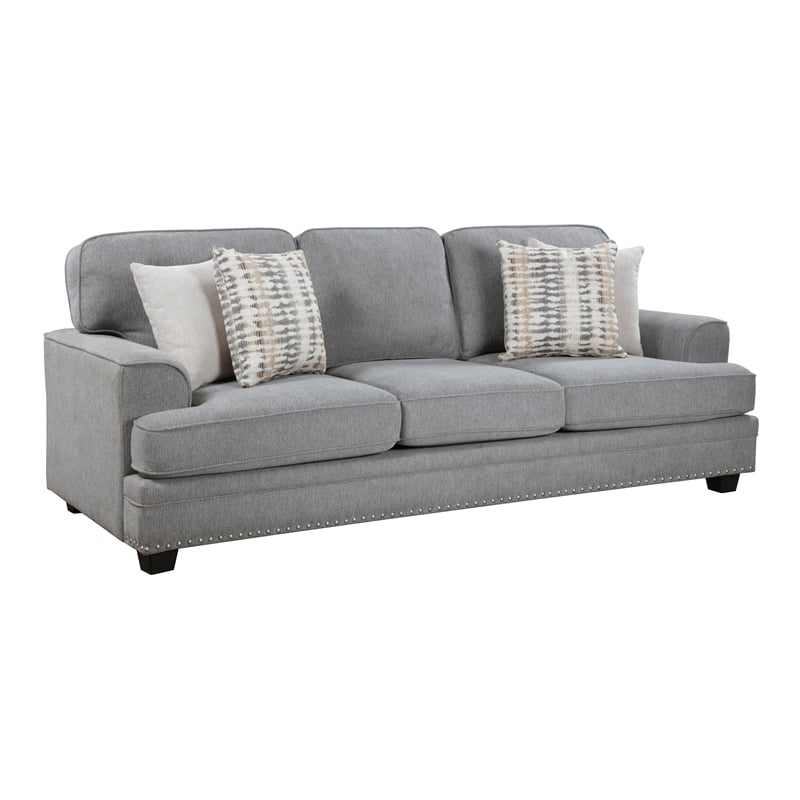 Pemberly Row Chenille Fabric Sofa with Nailhead Trim and Pillows in Gray