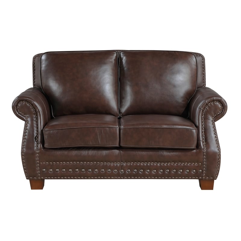 Pemberly Row Top Grain Leather Love Seat with Nailhead Trim in Brown