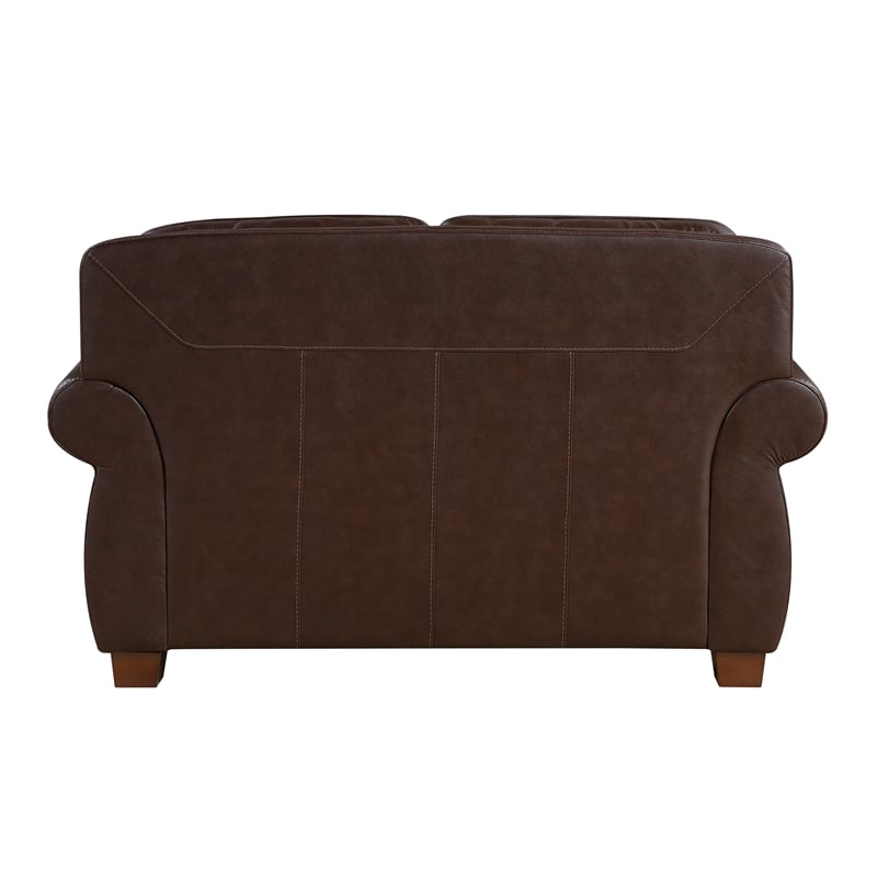 Pemberly Row Top Grain Leather Love Seat with Nailhead Trim in Brown