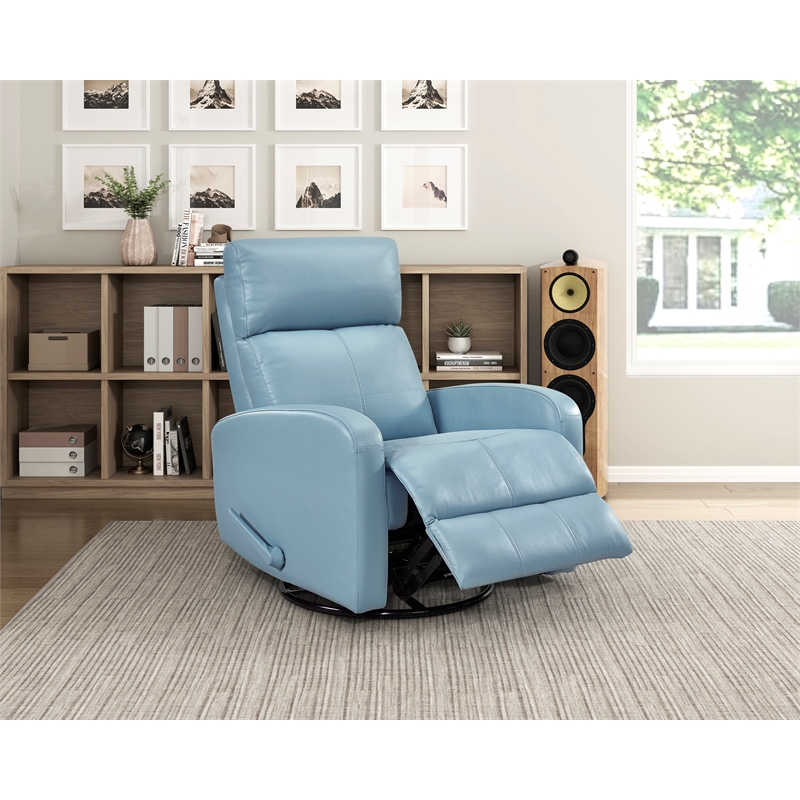 Pemberly Row Top Grain Leather Swivel Glider Reclining Chair in Blue