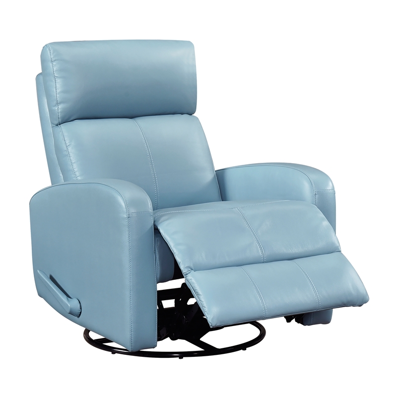 Pemberly Row Top Grain Leather Swivel Glider Reclining Chair in Blue