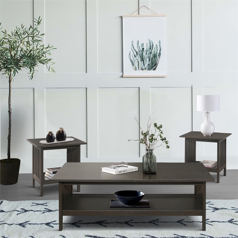 Pemberly Row 3-Piece Rubberwood Coffee Table Set with Shelves in Antique Gray