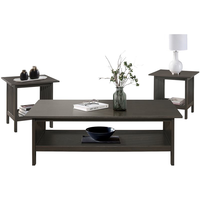 Pemberly Row 3-Piece Rubberwood Coffee Table Set with Shelves in Antique Gray